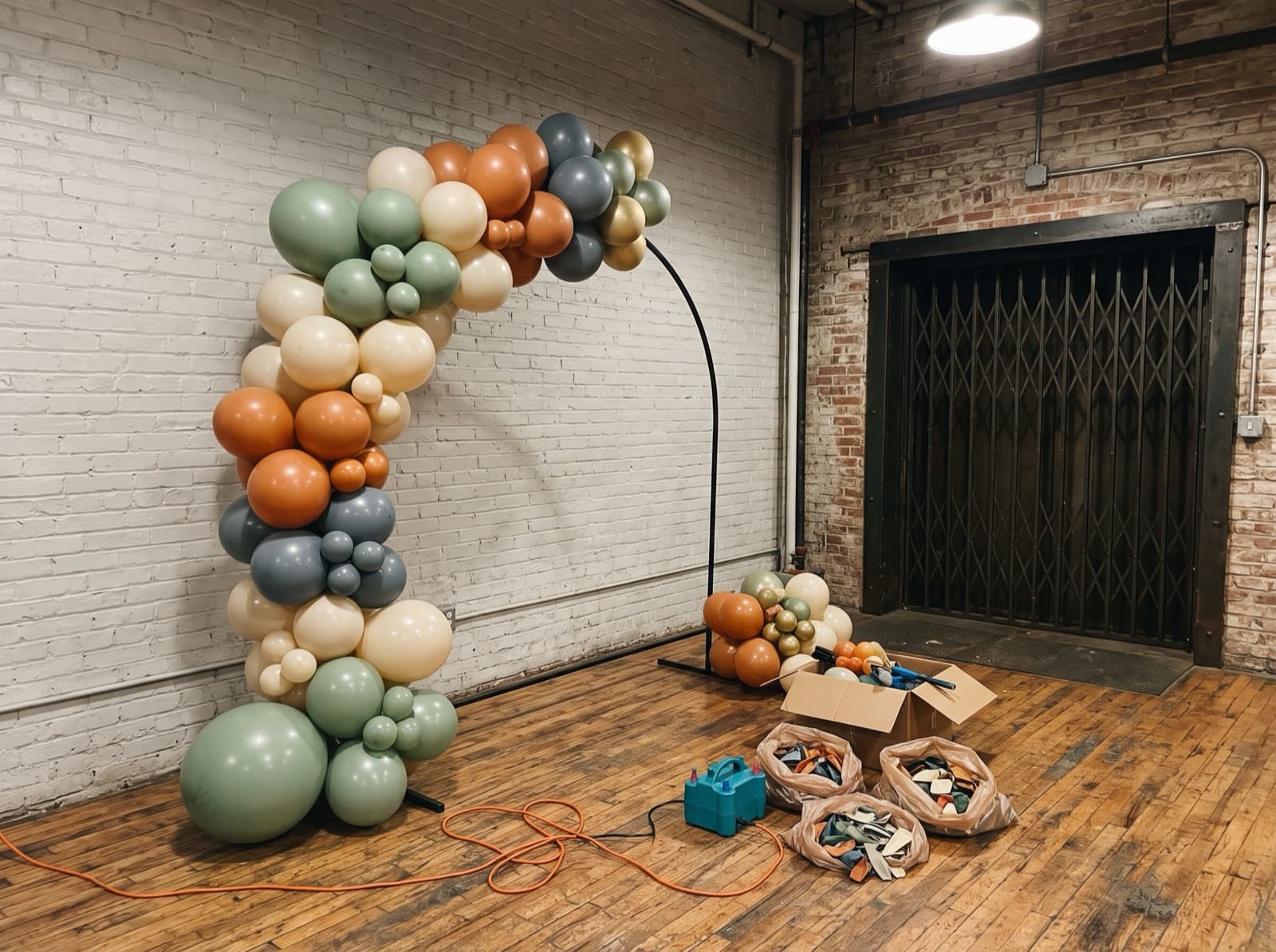 Organic balloon garland being built on an arch frame in an empty loft before an event