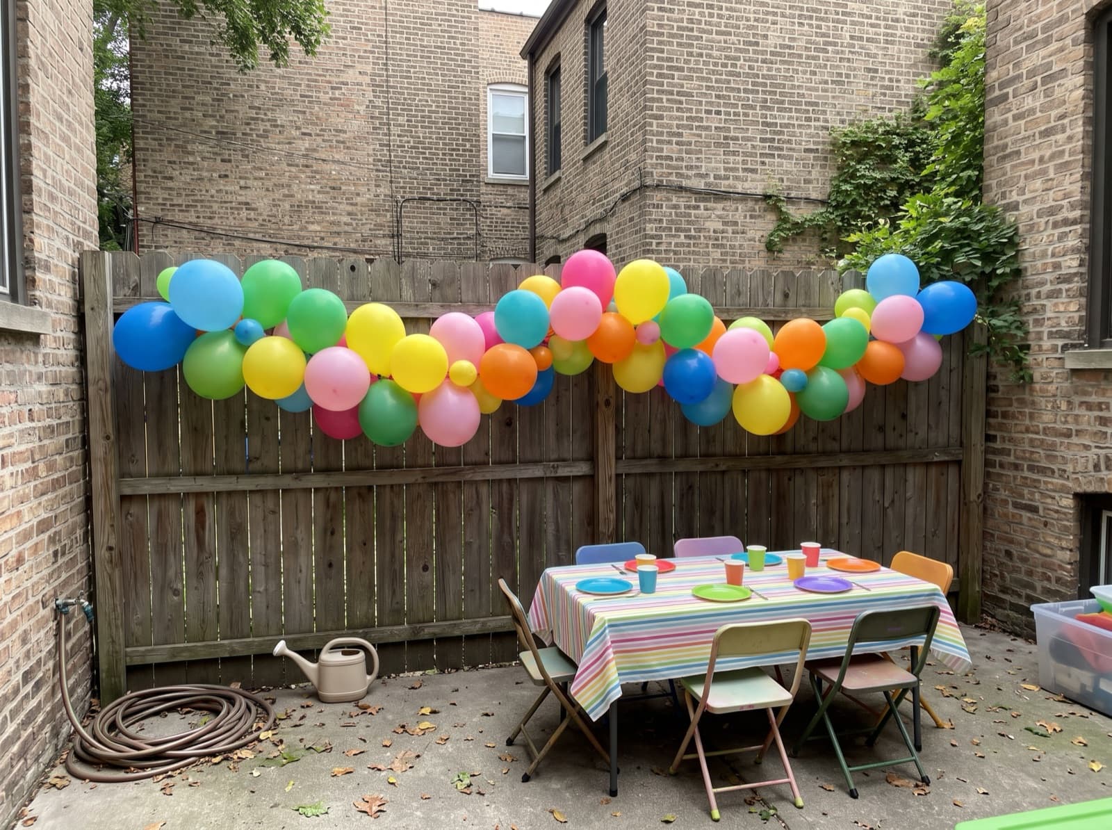 Colorful balloon garland along a city backyard fence