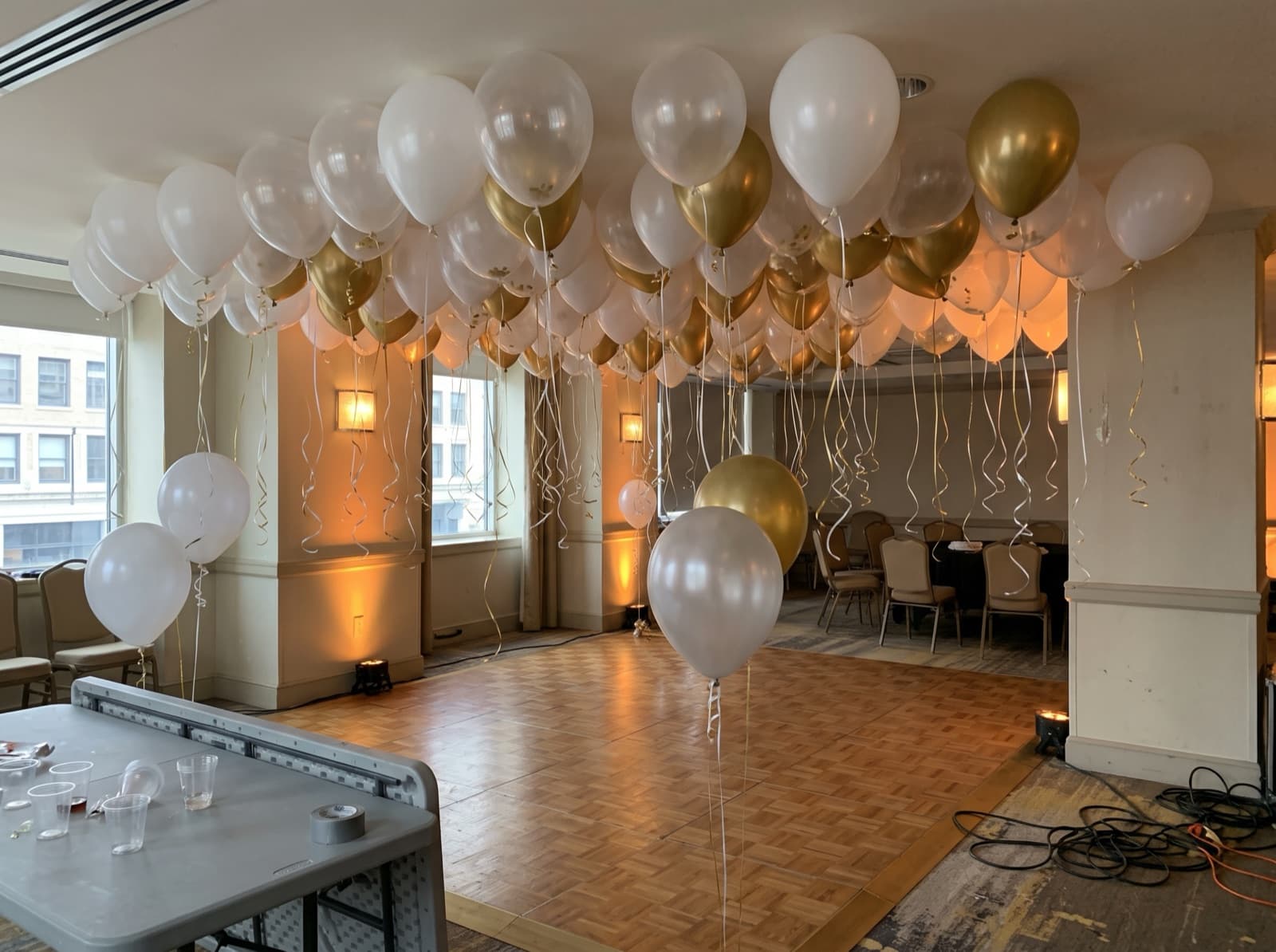 Balloon ceiling over a hotel ballroom dance floor