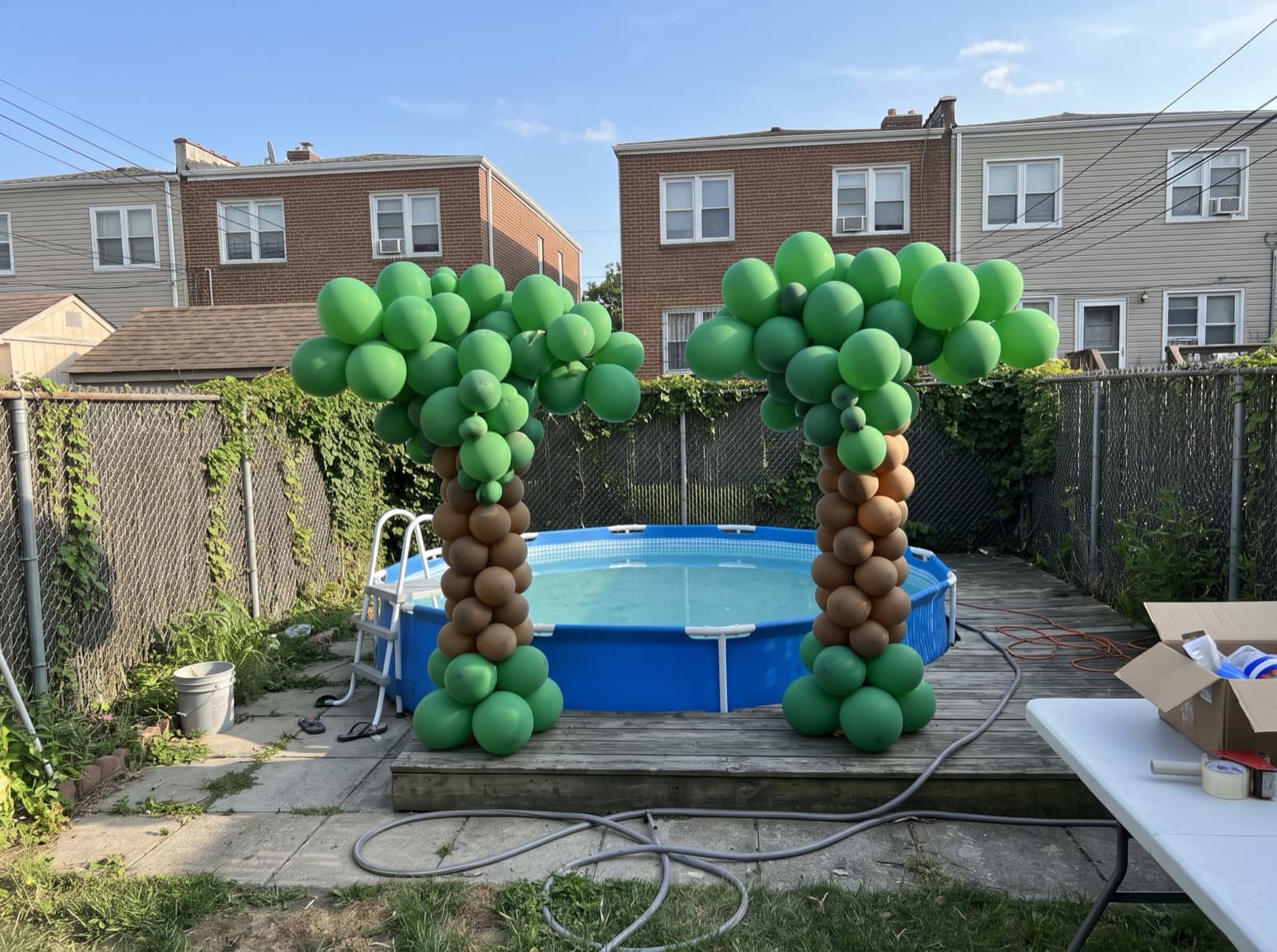 Balloon palm trees beside a backyard pool