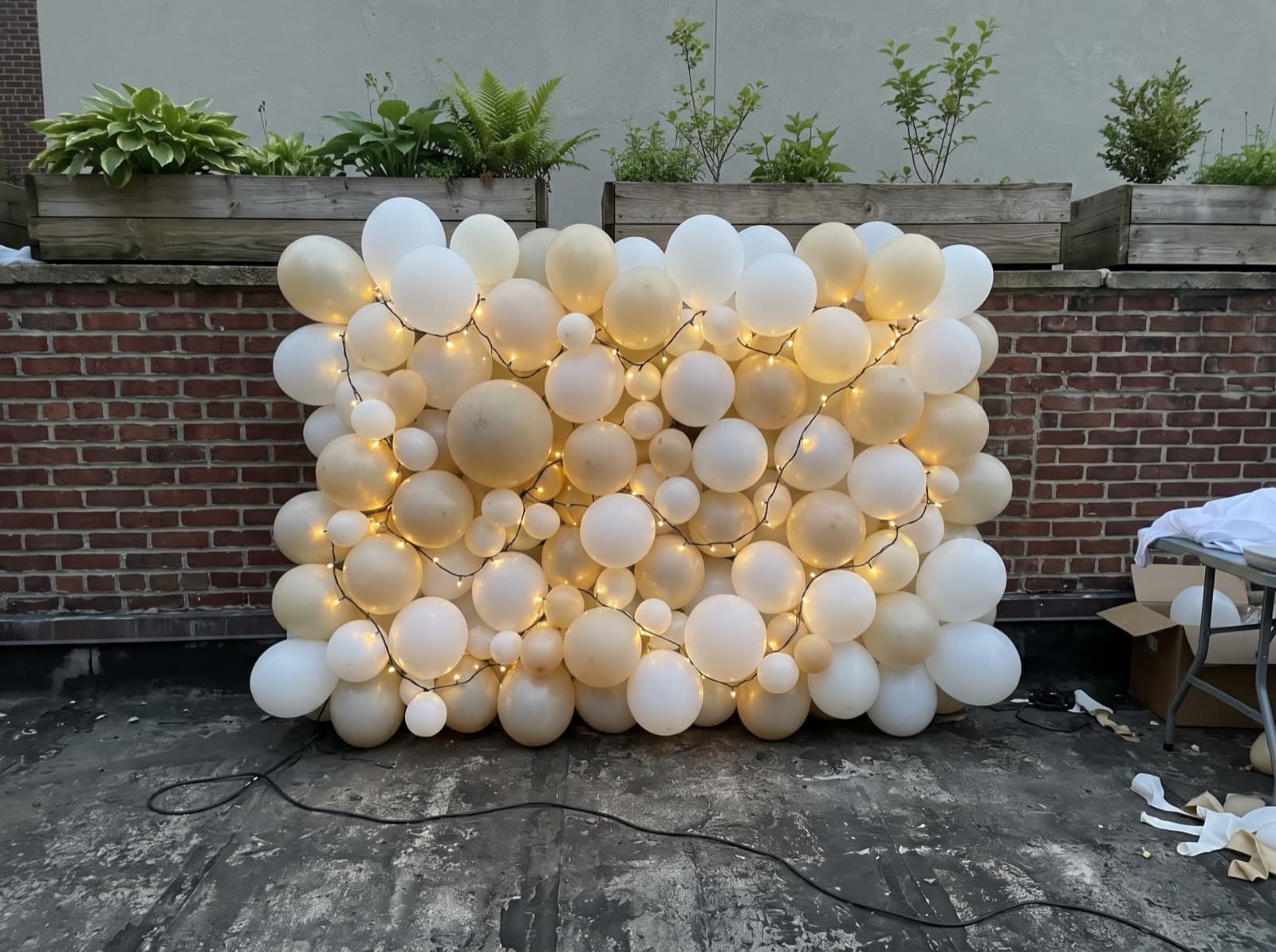 Balloon wall with string lights on a rooftop terrace